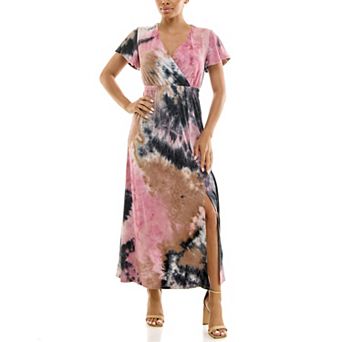 Women's Nina Leonard Tie Dye Print Flutter Sleeve V-Neck Maxi Dress
