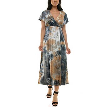 Women's Nina Leonard Tie Dye Print Flutter Sleeve V-Neck Maxi Dress