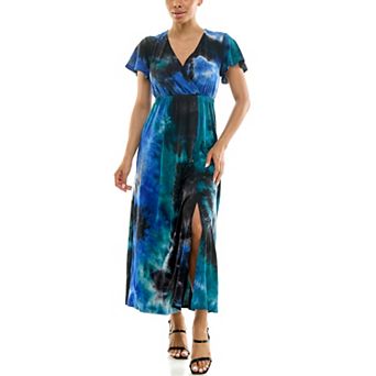 Women's Nina Leonard Tie Dye Print Flutter Sleeve V-Neck Maxi Dress