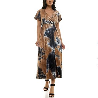 Women's Nina Leonard Tie Dye Print Flutter Sleeve V-Neck Maxi Dress