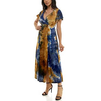 Women's Nina Leonard Tie Dye Print Flutter Sleeve V-Neck Maxi Dress