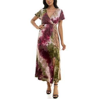 Women's Nina Leonard Tie Dye Print Flutter Sleeve V-Neck Maxi Dress