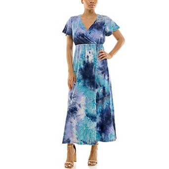 Women's Nina Leonard Tie Dye Print Flutter Sleeve V-Neck Maxi Dress