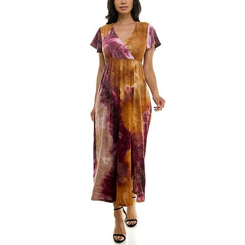 Женские платья Nina Leonard Women's Nina Leonard Tie Dye Print Flutter Sleeve V-Neck Maxi Dress
