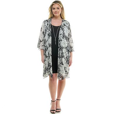 Plus Size Luxology 2-Piece 3/4 Bell Sleeve Cardigan & Drop Collar Dress Set