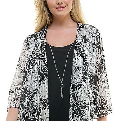 Plus Size Luxology 2-Piece 3/4 Bell Sleeve Cardigan & Drop Collar Dress Set