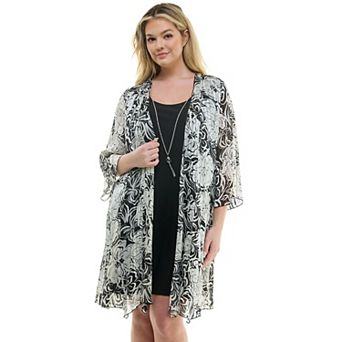 Plus Size Luxology 2 pc 3/4 Bell Sleeve Cardigan & Drop Collar Dress Set