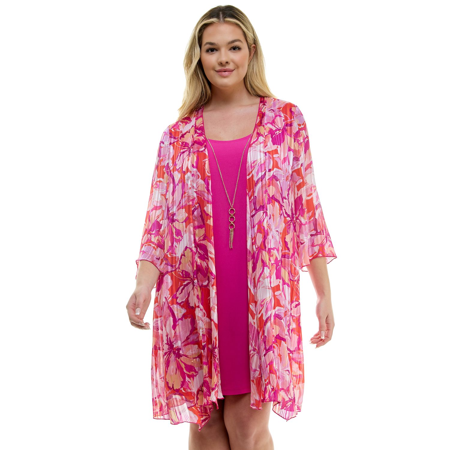 Женские платья Plus Size Luxology 2 pc 3/4 Bell Sleeve Cardigan & Drop Collar Dress Set, цвет: Коралловый белый