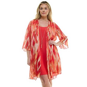 Plus Size Luxology 2 pc 3/4 Bell Sleeve Cardigan & Drop Collar Dress Set