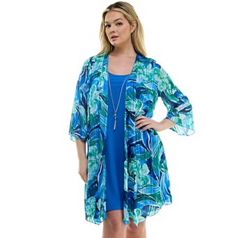 Plus Size Luxology 2 pc 3/4 Bell Sleeve Cardigan & Drop Collar Dress Set