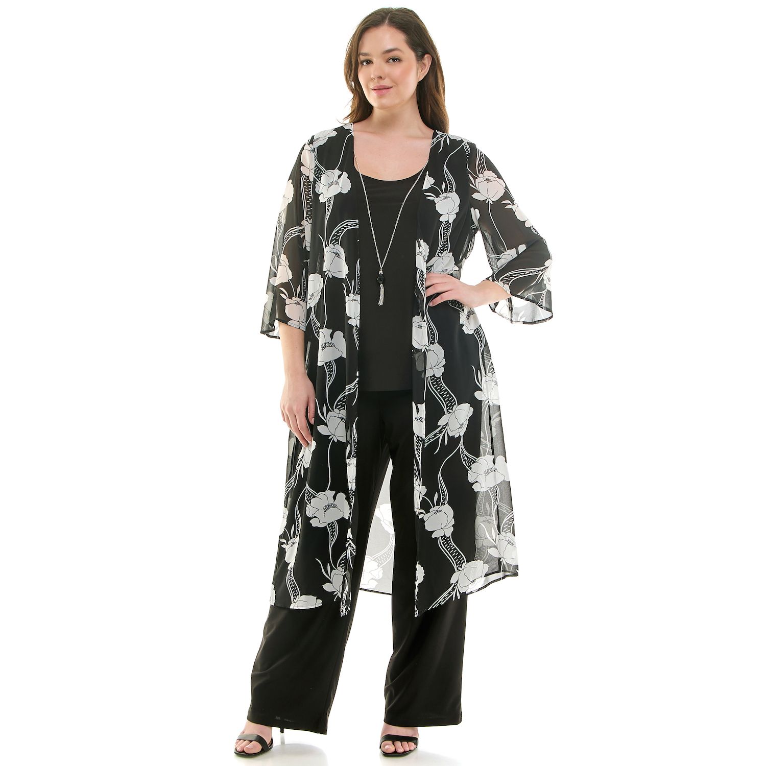 Женские комплекты Plus Size Luxology 3 pc Cardigan, Tank Top & Pant Set, цвет: Чёрная слоновая кость