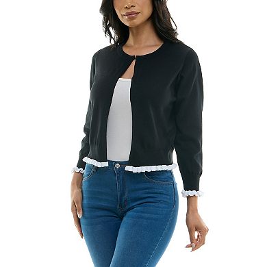 Women's Nina Leonard Three-Quarter Sleeve Contrast Trim Faux-Pearl Button Bolero