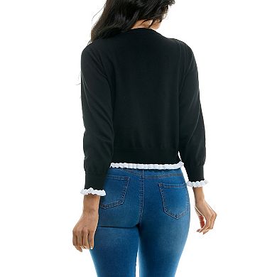 Women's Nina Leonard Three-Quarter Sleeve Contrast Trim Faux-Pearl Button Bolero