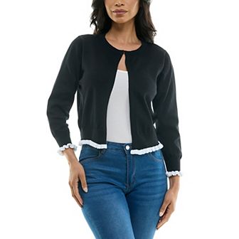Women's Nina Leonard Three-Quarter Sleeve Contrast Trim Faux-Pearl Button Bolero