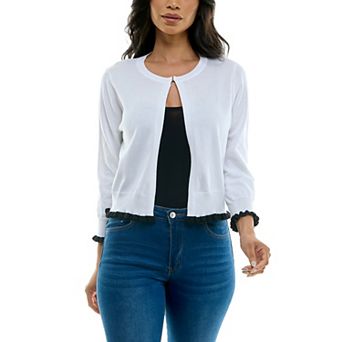 Women's Nina Leonard Three-Quarter Sleeve Contrast Trim Faux-Pearl Button Bolero