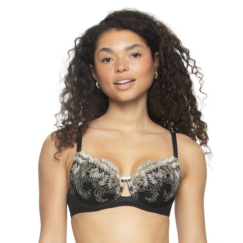 Paramour by Felina Aura Embroidered Tulle Overlay Contour Underwire Bra 125169, Women's, Size: 38 Dd, Black Beige