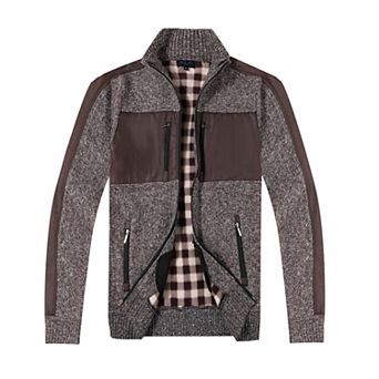 Gioberti Men's Full Zip Cardigan Patch Design Sweater With Flannel Lining