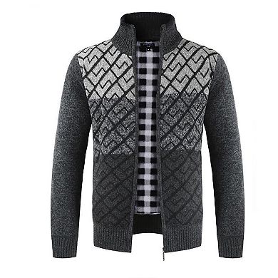 Gioberti Men's Full Zip Block Design Cardigan Sweater With Soft Brushed Flannel Lining