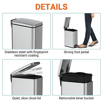 11.9 Gal./ 45 L + Two 1.6 Gal./6 L Rectangular Step-on Trash Can Set For Bathroom And Kitchen