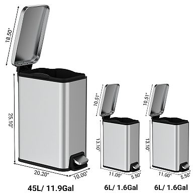 11.9 Gal./ 45 L + Two 1.6 Gal./6 L Rectangular Step-on Trash Can Set For Bathroom And Kitchen