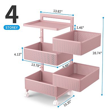 4 Tier Metal Utility Cart With Lockable Wheels, Rotating Shelf Household Organization Rack Corner