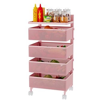 4 tier Metal Utility Cart With Lockable Wheels, Rotating Shelf Household Organization Rack Corner