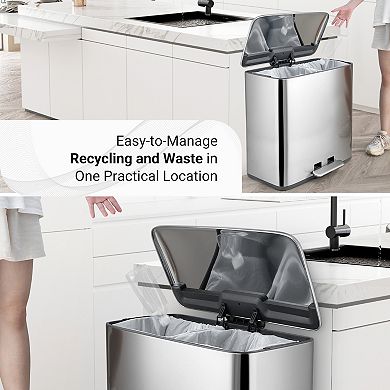 14.8 Gallon Trash Can, 7.4 Gallon Dual Compartment Recycling Step-on Kitchen Trash Can