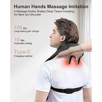 Medcursor Cordless Neck Massager, 4D 6 Massage Nodes Deep Tissue Kneading for Pain Relief (Black)