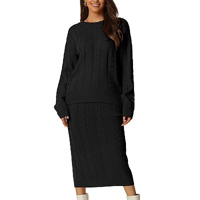 Womens' Fall Winter Crewneck Sweater Two Piece Outfit Midi Skirts