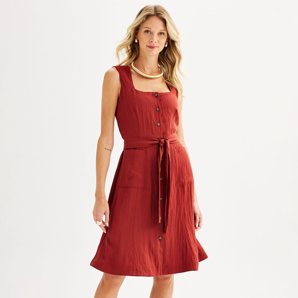 Women's Nine West Square Neck Ribbon Waist Midi Dress