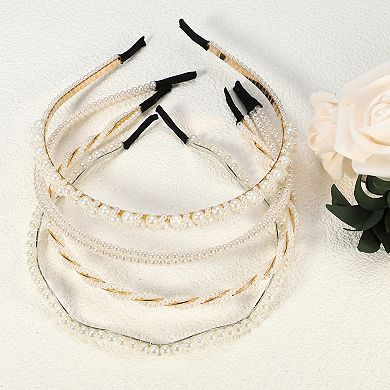 4 Pcs Simple Design Faux Pearl Headbands White 4.72"x0.2" Headbands For Women