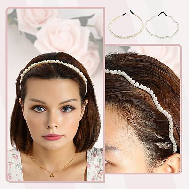 4 Pcs Simple Design Faux Pearl Headbands White 4.72"x0.2" Headbands For Women