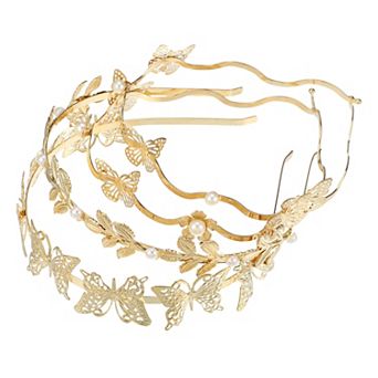 4 pc Alloy Metal Leaf Butterfly Shape Headbands For Women Gold Tone 4.92"x0.98"