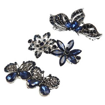 3 pc Hair Barrettes For Women Sparkly Rhinestones Hair Clips Blue Black