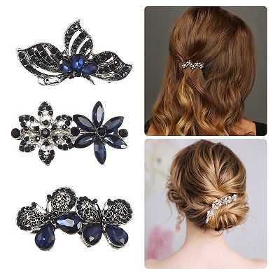 3 Pcs Hair Barrettes For Women Sparkly Rhinestones Hair Clips Blue Black