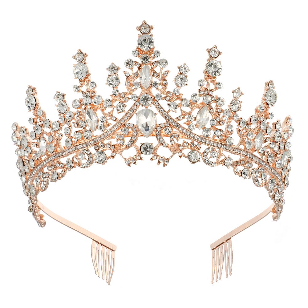 1 Pcs Rose Gold Tone Crystal Tiara Crown Headband With Combs  display picture 3