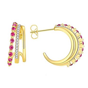 Chrystina 14k Gold Plated White & Red Crystal Triple Row C-Hoop Earrings