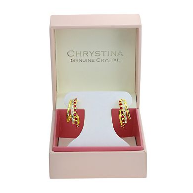 Chrystina 14k Gold Plated White & Red Crystal Triple Row C-Hoop Earrings