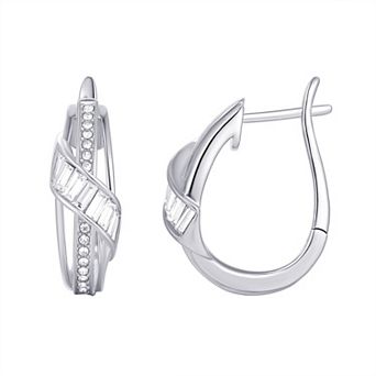 Chrystina Fine Silver Plated Crystal Baguette Crossover Hoop Earrings