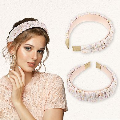 Floral Ruched Headbands Non-slip Pearl Hair Hoop Headbands For Women Pink