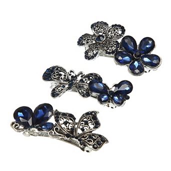 3 pc Hair Barrettes Hair Clips Sparkly Glitter Rhinestones Hairpin Blue Black