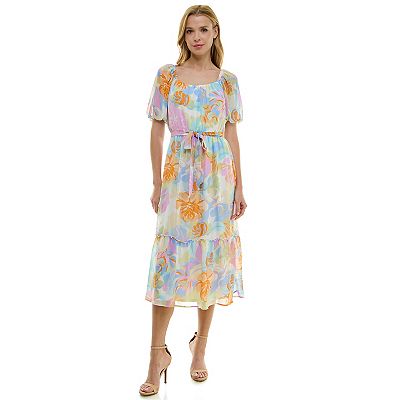 Women's Luxology Puff Sleeve Floral Maxi Dress, Size: XL, Orange Lilac Aqua