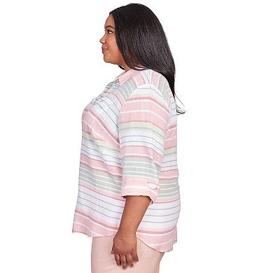 Plus Size Alfred Dunner Striped Split Sleeve Button Down Top