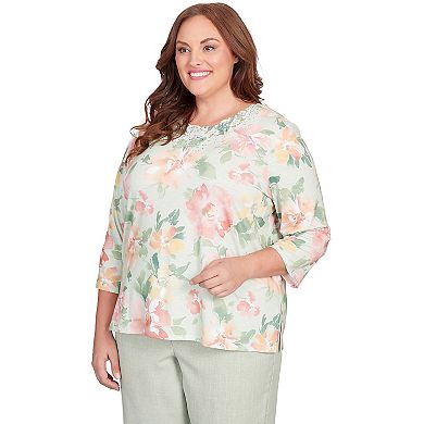 Plus Size Alfred Dunner Floral Watercolor Allover Print Lace Neck Top
