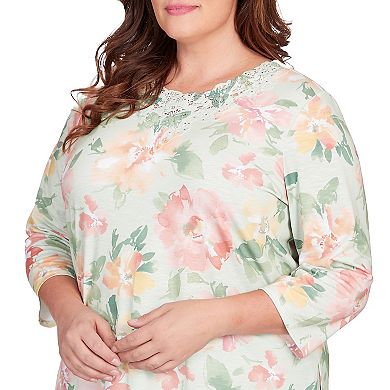 Plus Size Alfred Dunner Floral Watercolor Allover Print Lace Neck Top