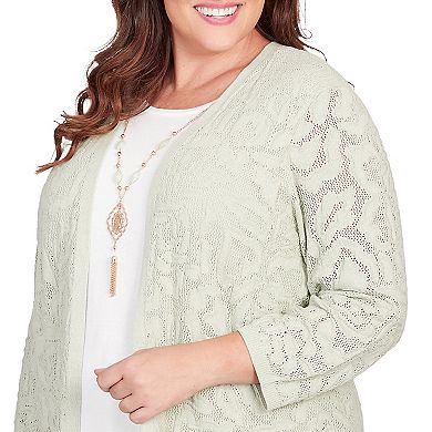Plus Size Alfred Dunner Floral Lace Stitched Layered Cardigan Top with Necklace