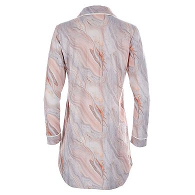 Women's Pastel Marble Print Cotton Blend Button-Down Nightshirt