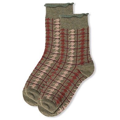 Women's Houndstooth Plaid Roll Top Cotton-Blend Crew Sock