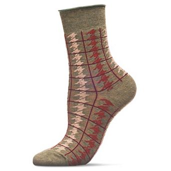 Women's Houndstooth Plaid Roll Top Cotton-Blend Crew Sock