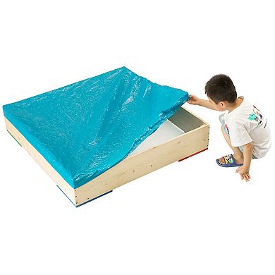 Outdoor Wooden Sand Box with Floor Cover and Waterproof Protection Cover, Square Sandpit for Kids